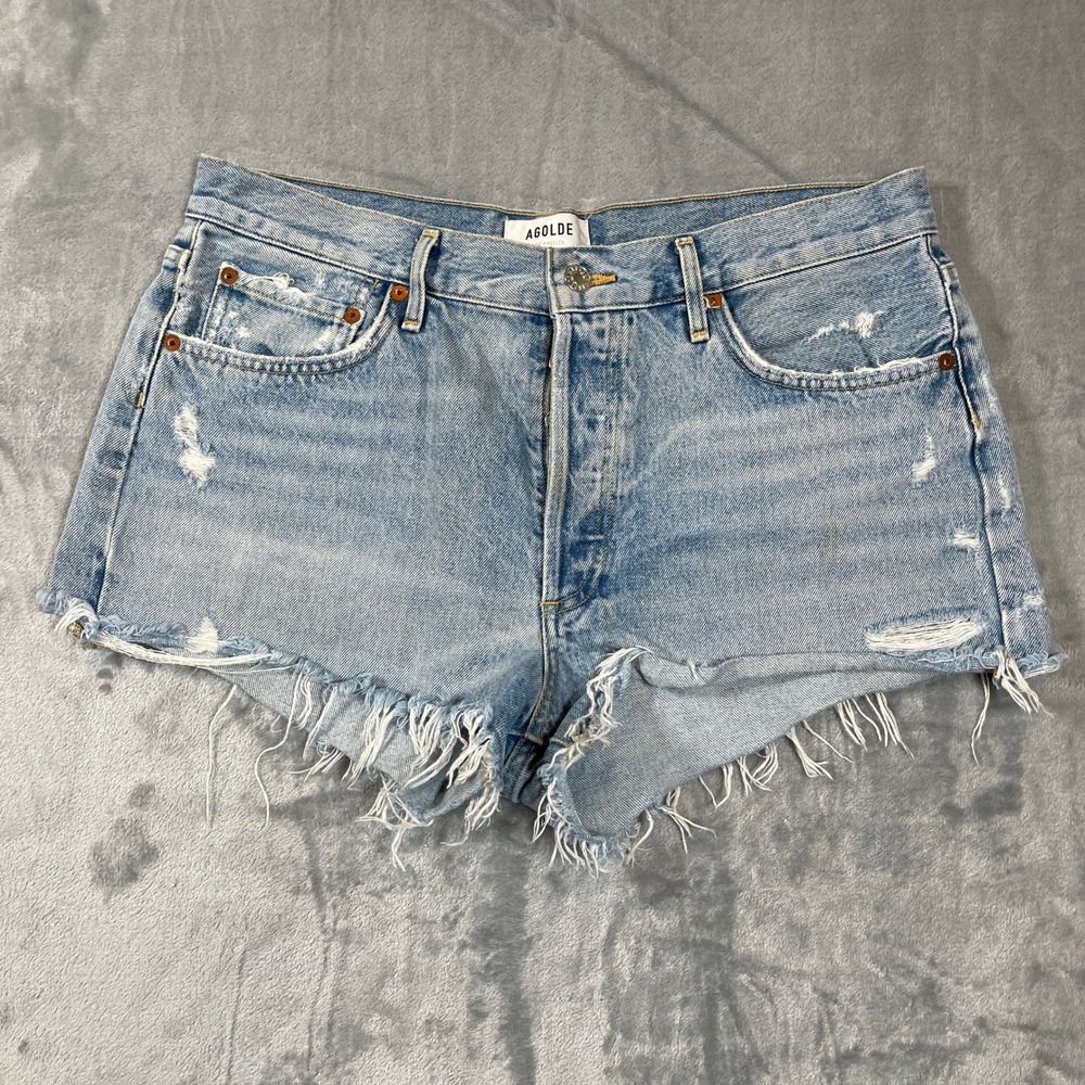 AGOLDE Parker Light Wash Distressed High Rise Denim Shorts Size 30